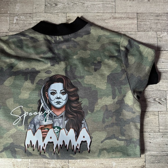Spooky Mama, Coffee & Halloween Theme, Camo Bomber Style Jacket - Picture 15 of 16